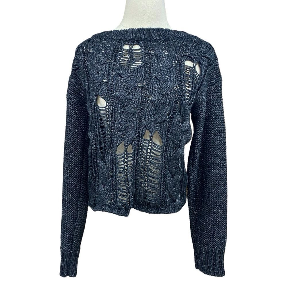 Trouve Black and Metallic Distressed Cropped Sweater Size M